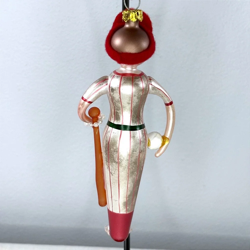 Vintage Beaux Arts Dept 56 Style Glass Female Baseball Player Christmas Ornament
